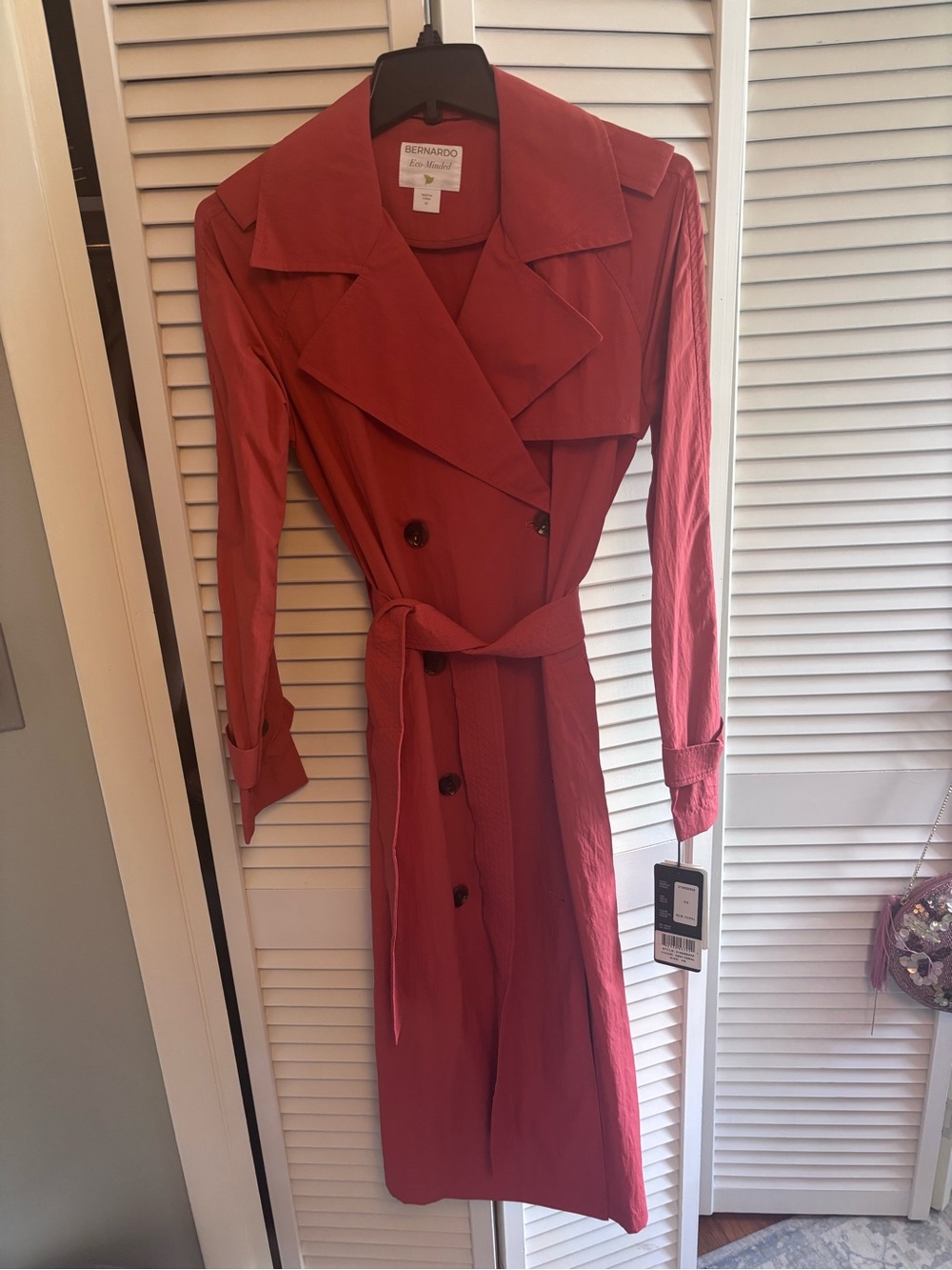 Bernardo Red Long Sleeve Trench Dress with Tie Belt